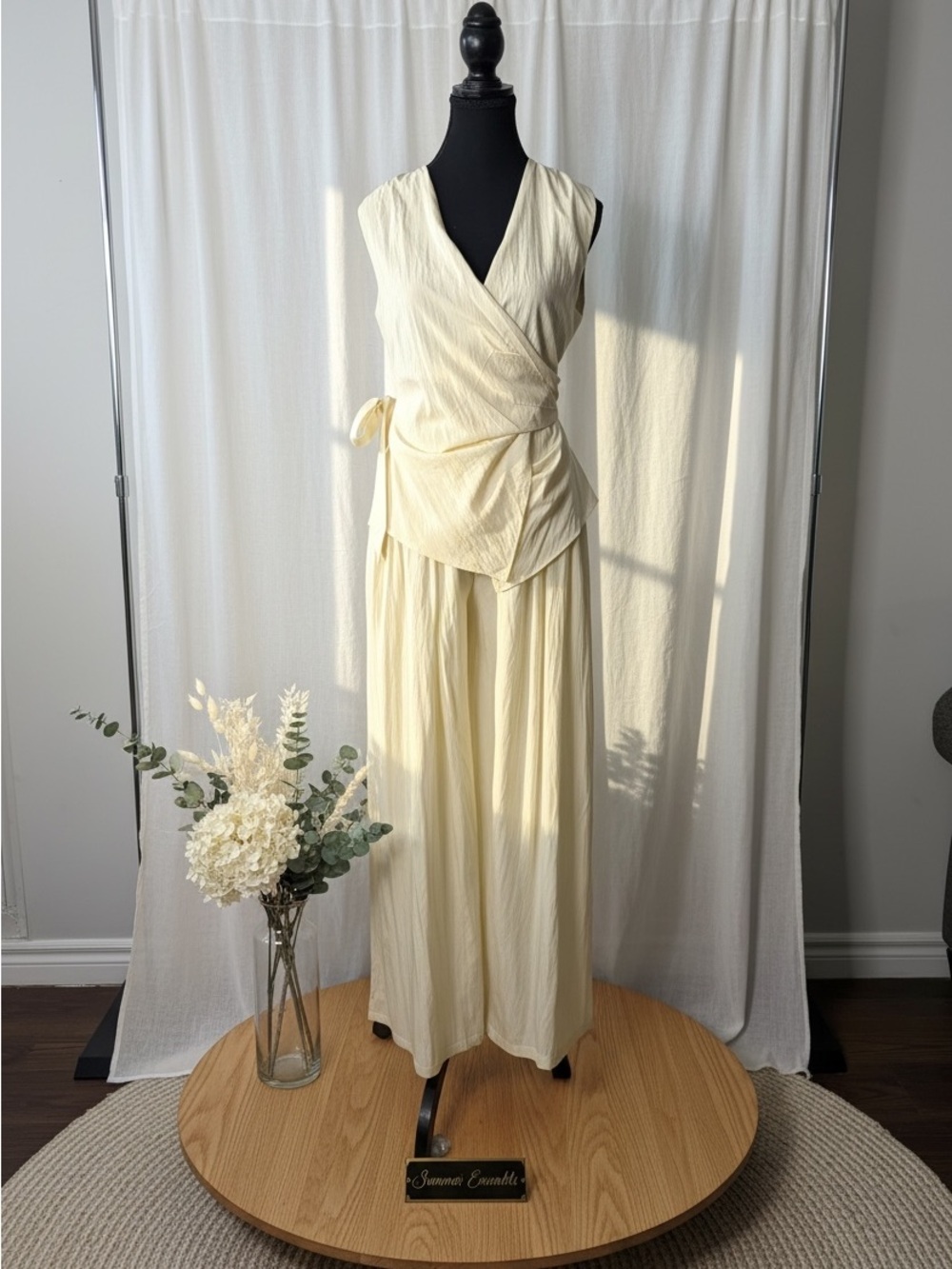 Butter Colour Wrap Around Sleeveless Top and Wide Leg Pants Set